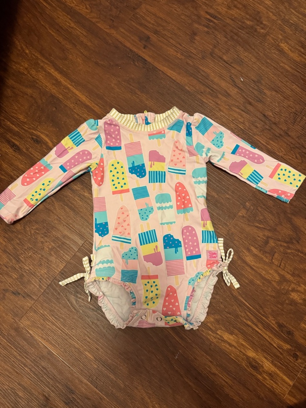 12-18 M Ruffle Butts Pink Popsicle-Print Long-Sleeve One-Piece